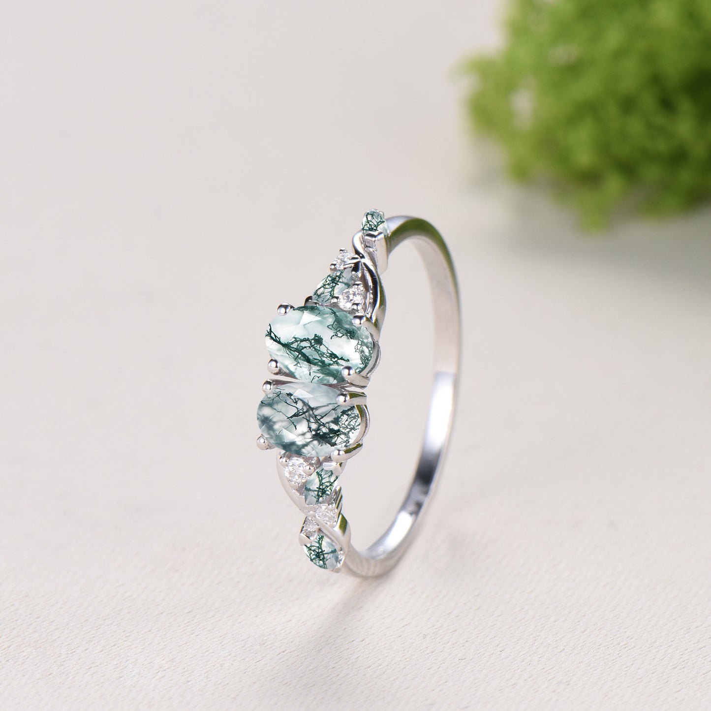 Natural Oval Cut Toi et Moi Moss Agate Engagement Ring | 14K White Gold Marquise Cut Vine Eternity Band - PENFINE