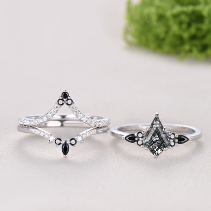 Vintage Kite Cut Black Rutilated Quartz Engagement Ring, 14K White Gold Pear Spinel Wedding Set