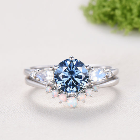 Unique round cut blue moissanite engagement ring set five stone moonstone ring vintage minimalist opal bridal wedding ring set for women