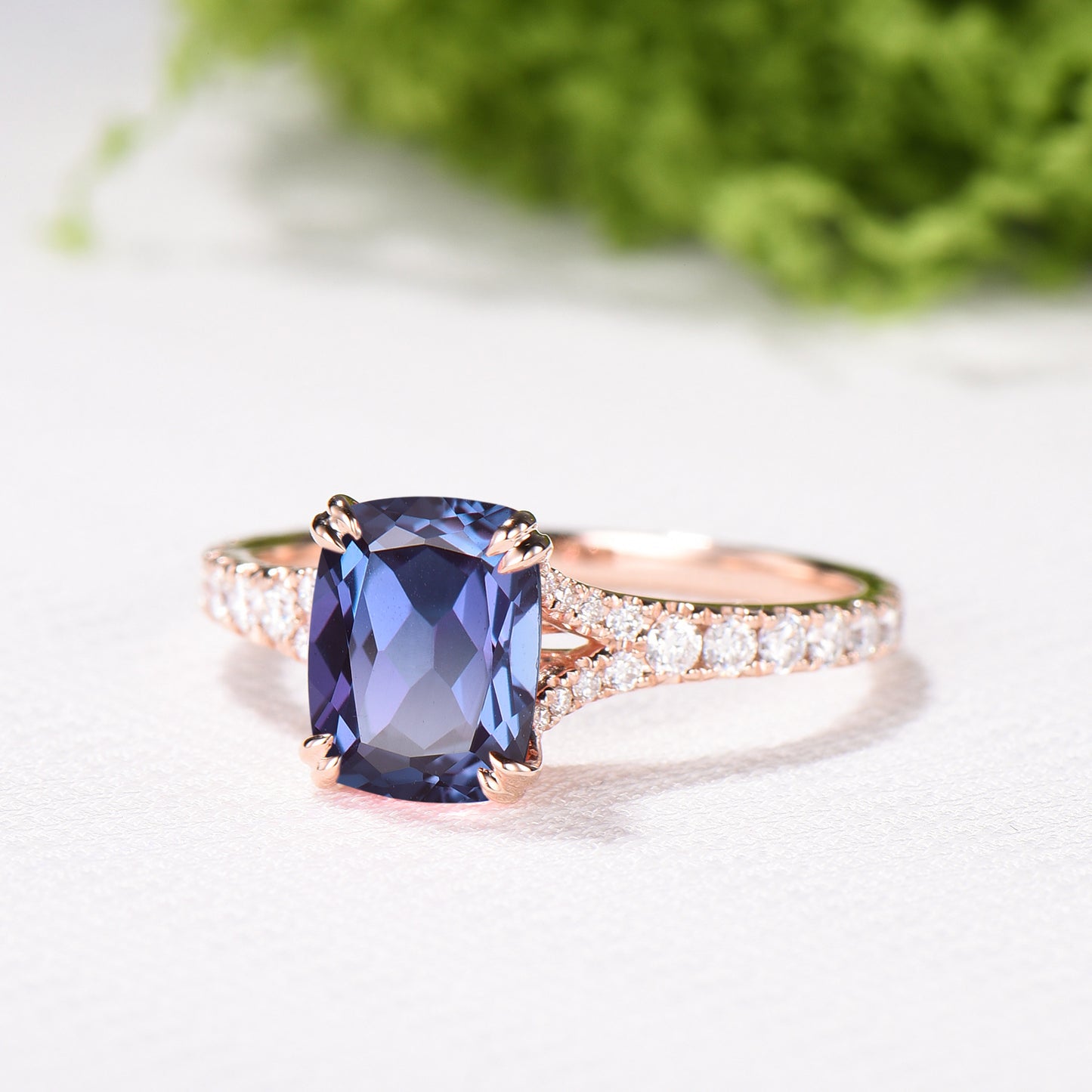 Cushion Cut Alexandrite Ring, Split Shank Pave Diamond, 14K Rose Gold Double Claw Promise Ring - PENFINE