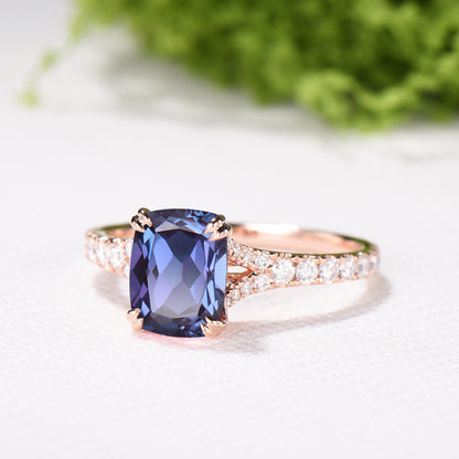 Cushion Cut Alexandrite Ring, Split Shank Pave Diamond, 14K Rose Gold Double Claw Promise Ring - PENFINE