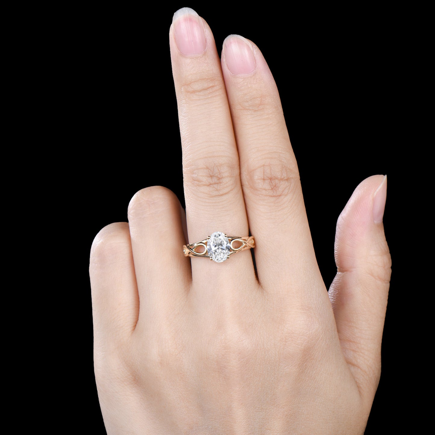 Oval Moissanite Engagement Ring, 14k Yellow Gold Infinite Love Band