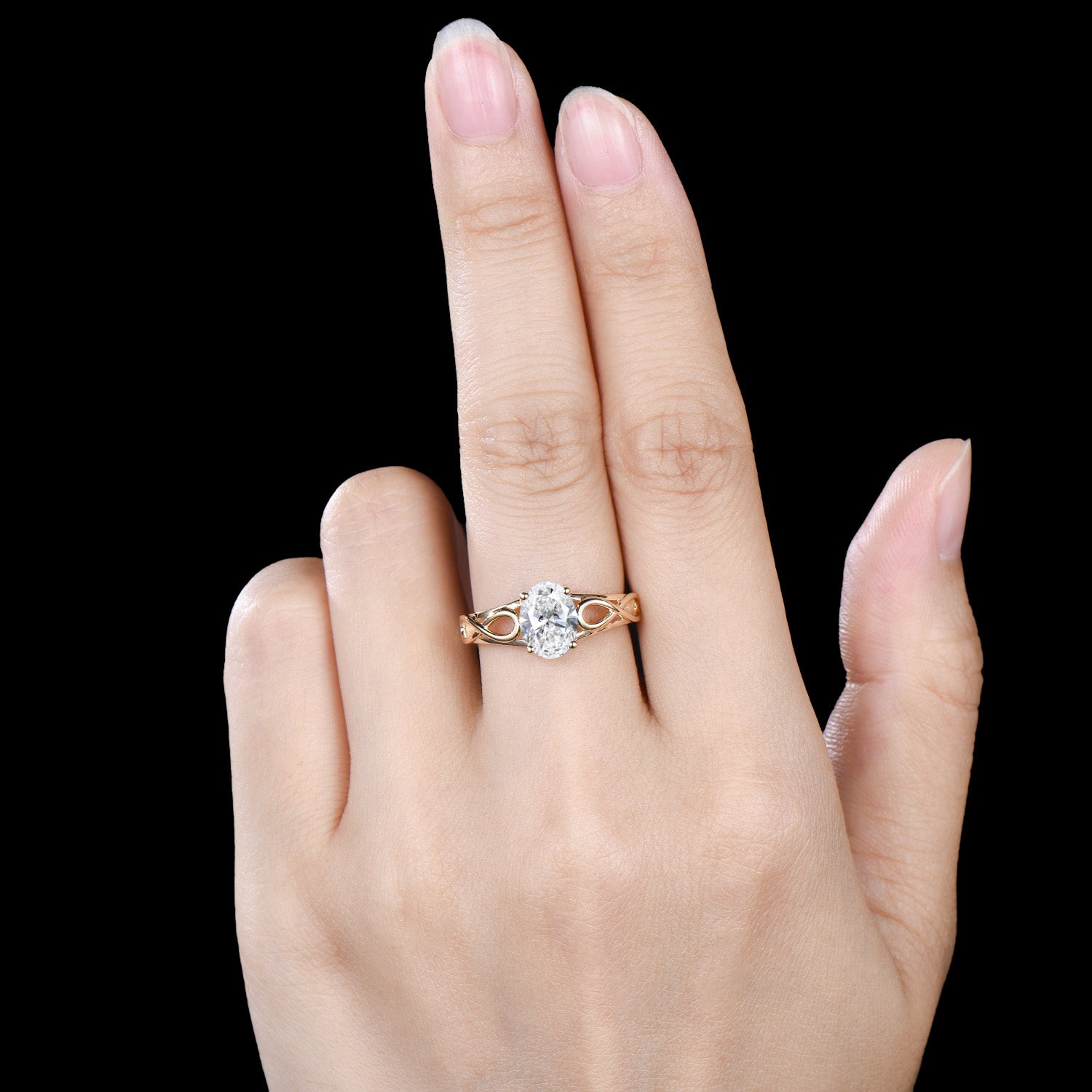 Oval Moissanite Engagement Ring, 14k Yellow Gold Infinite Love Band