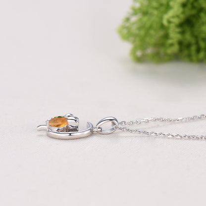 Art Deco cat citrine peridot necklace silver white gold moon family pendant anniversary promise gift for women