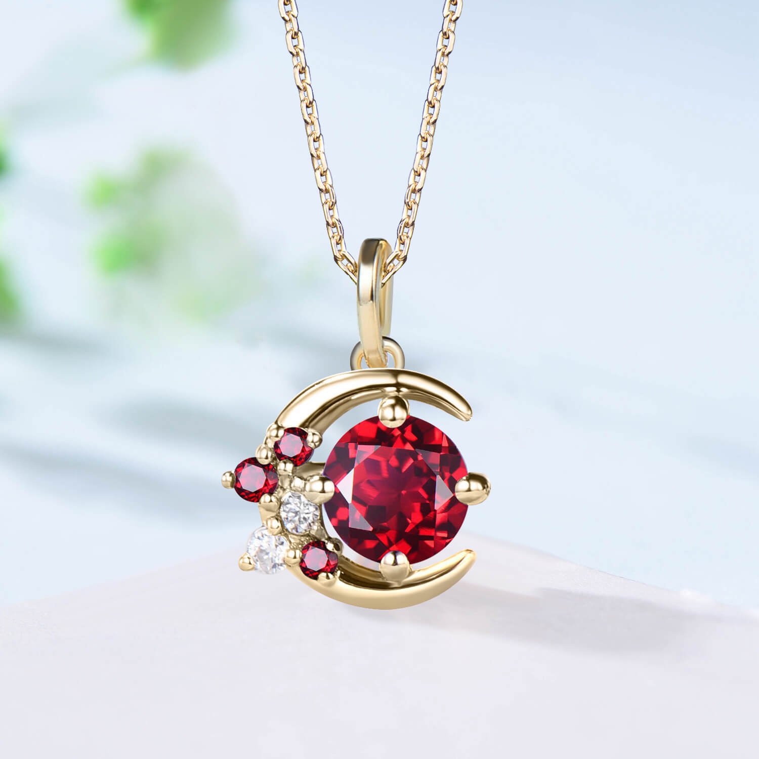 Vintage Crescent moon Ruby pendant necklace cluster moissanite moon pendant  necklace 14k/18k rose gold star necklace promise gift for women