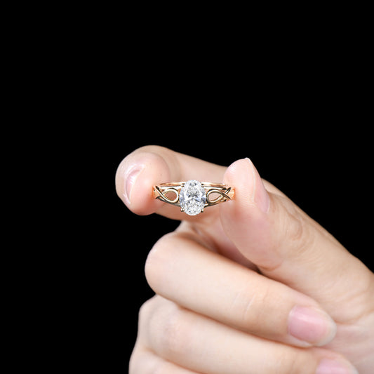 Oval Moissanite Engagement Ring, 14k Yellow Gold Infinite Love Band