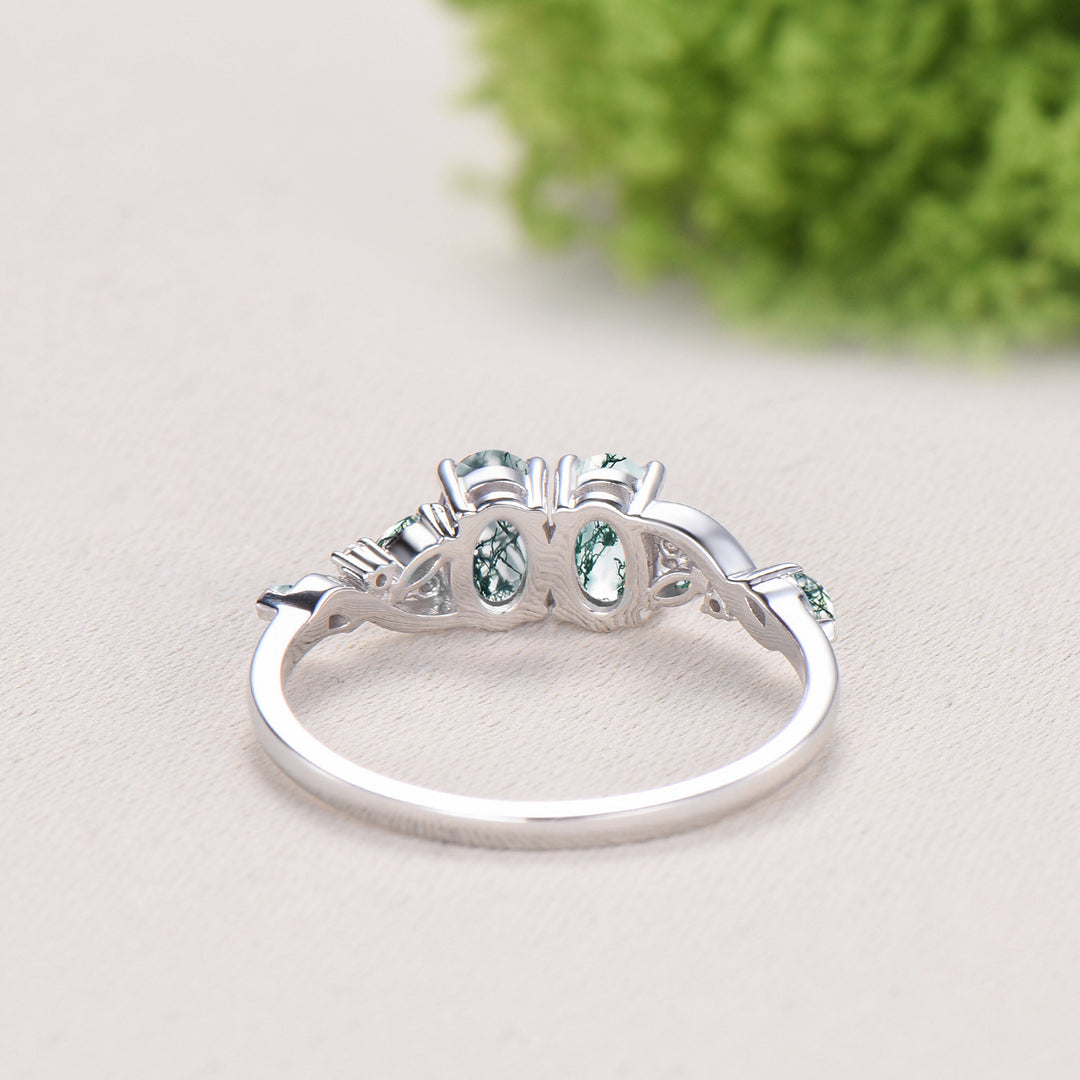 Natural Oval Cut Toi et Moi Moss Agate Engagement Ring | 14K White Gold Marquise Cut Vine Eternity Band - PENFINE