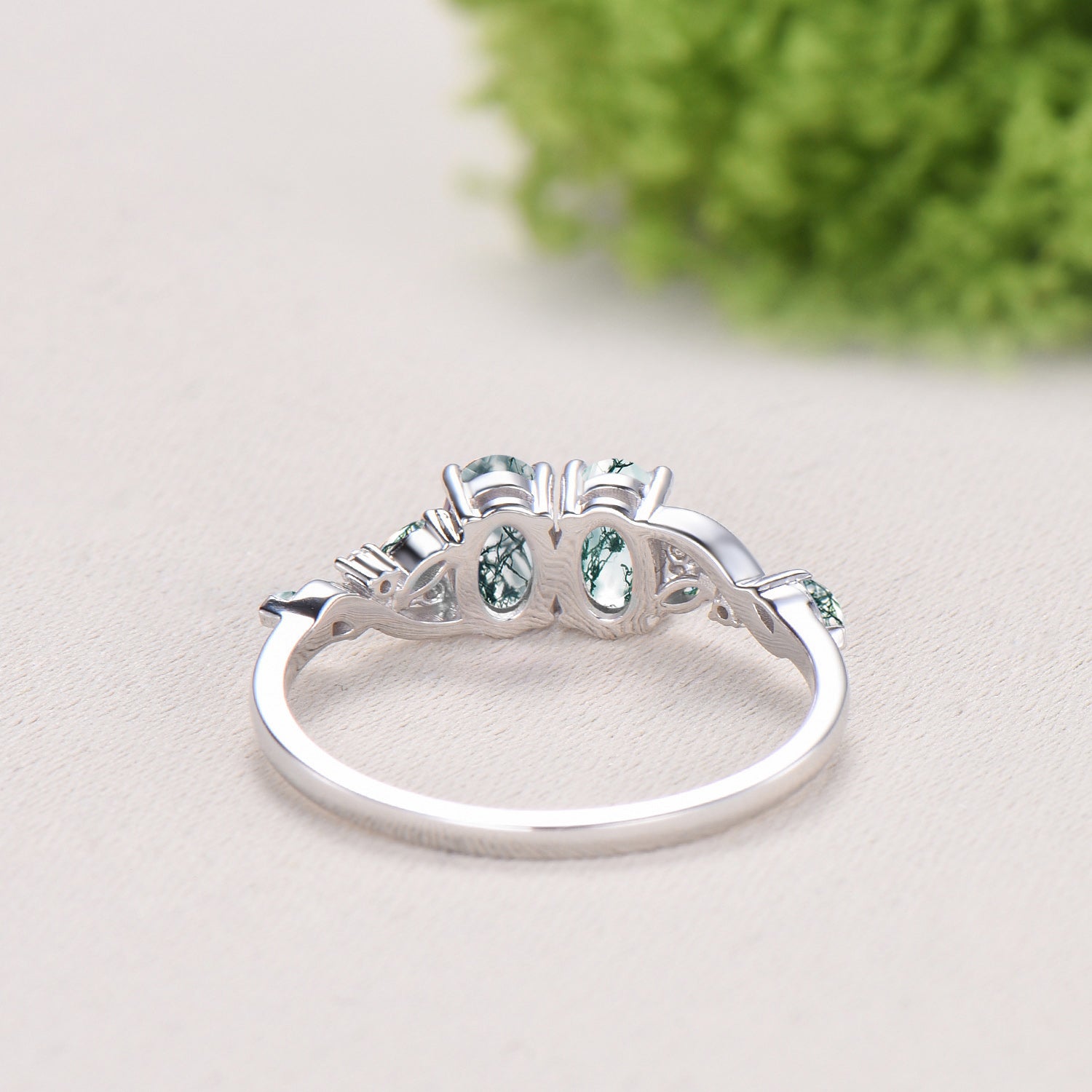 Natural Oval Cut Toi et Moi Moss Agate Engagement Ring | 14K White Gold Marquise Cut Vine Eternity Band - PENFINE