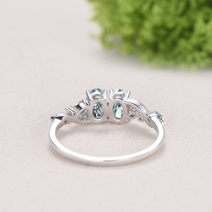 Natural Oval Cut Toi et Moi Moss Agate Engagement Ring | 14K White Gold Marquise Cut Vine Eternity Band - PENFINE