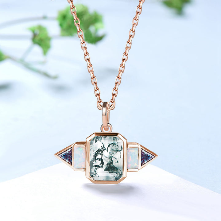 Vintage Emerald Cut Moss Agate Pendant Necklace, Baguette White Opal & Trillion Alexandrite Unique Gift for Her Birthday Anniversary Present - PENFINE