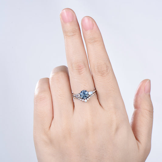 Vintage round cut firework cut alexandrite engagement ring set five stone moonstone band Unique opal bridal wedding ring set for women