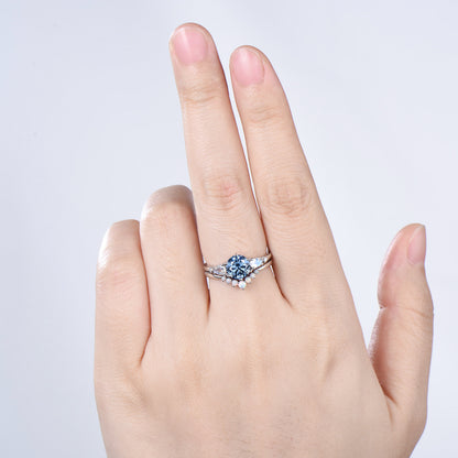 Vintage round cut firework cut alexandrite engagement ring set five stone moonstone band Unique opal bridal wedding ring set for women