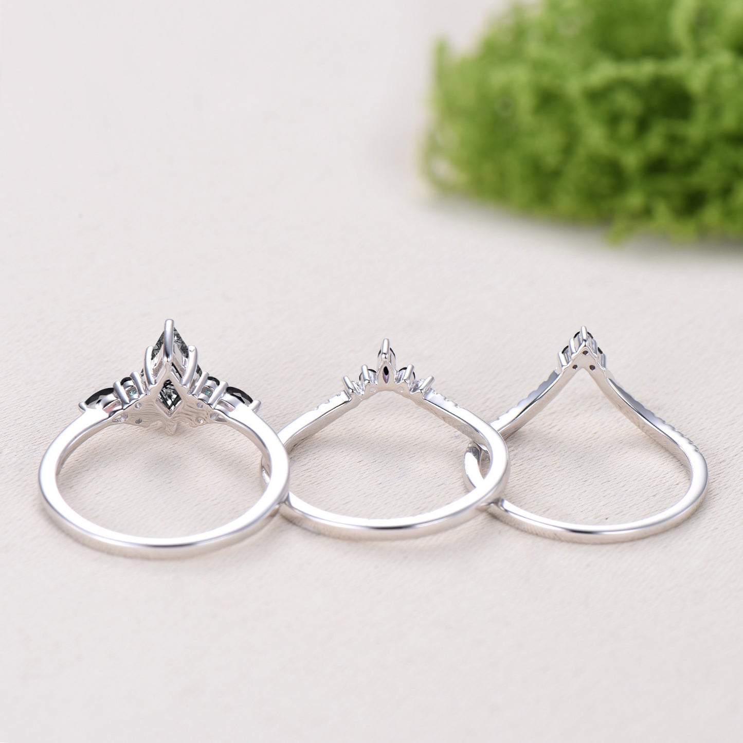 Vintage Kite Cut Black Rutilated Quartz Engagement Ring, 14K White Gold Pear Spinel Wedding Set