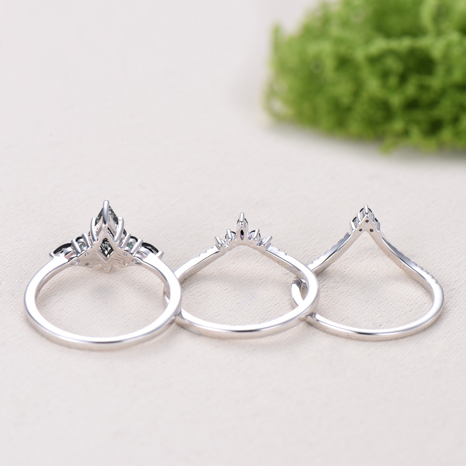 Vintage Kite Cut Black Rutilated Quartz Engagement Ring, 14K White Gold Pear Spinel Wedding Set