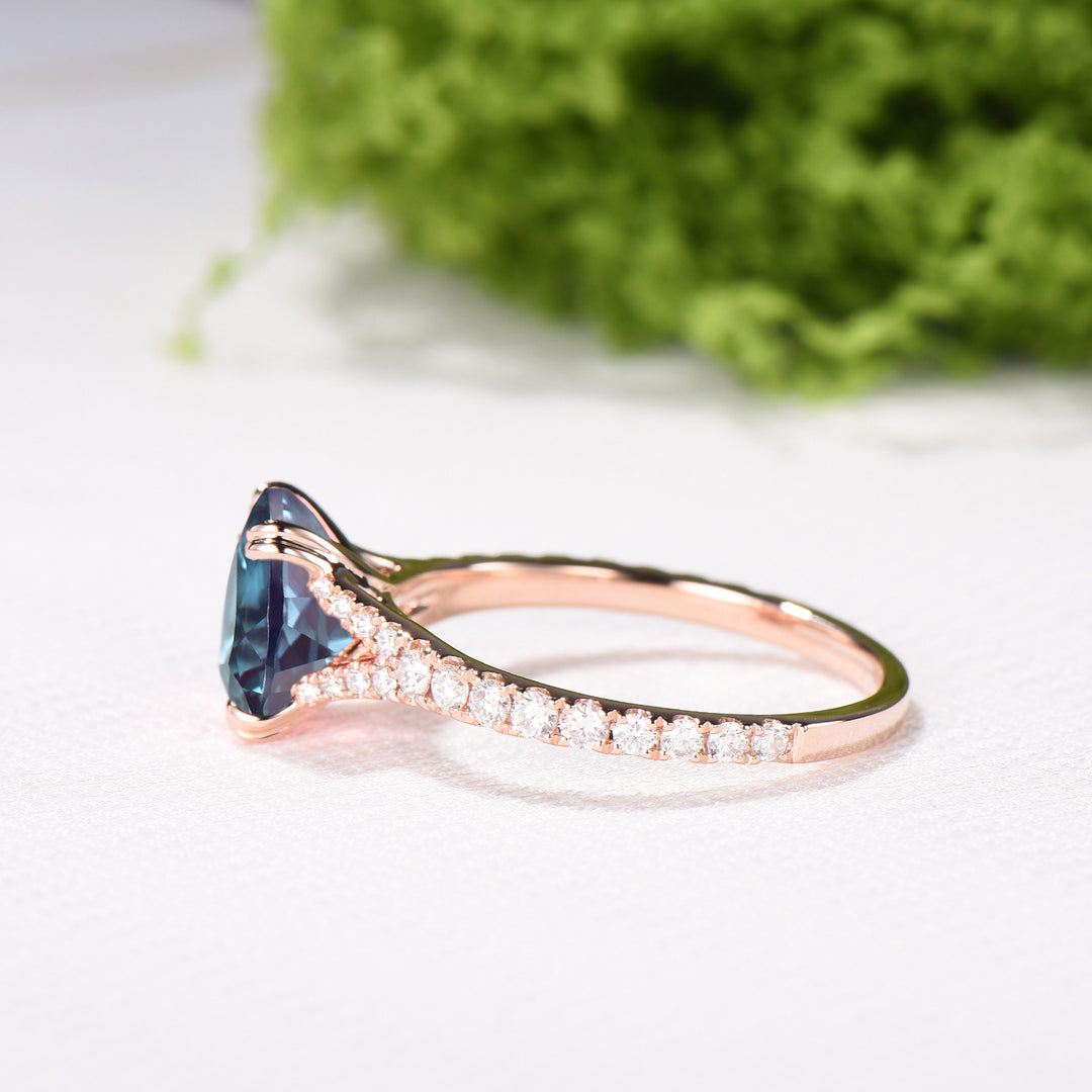 Cushion Cut Alexandrite Ring, Split Shank Pave Diamond, 14K Rose Gold Double Claw Promise Ring - PENFINE