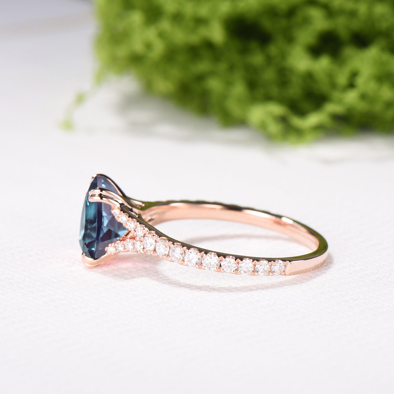 Cushion Cut Alexandrite Ring, Split Shank Pave Diamond, 14K Rose Gold Double Claw Promise Ring - PENFINE