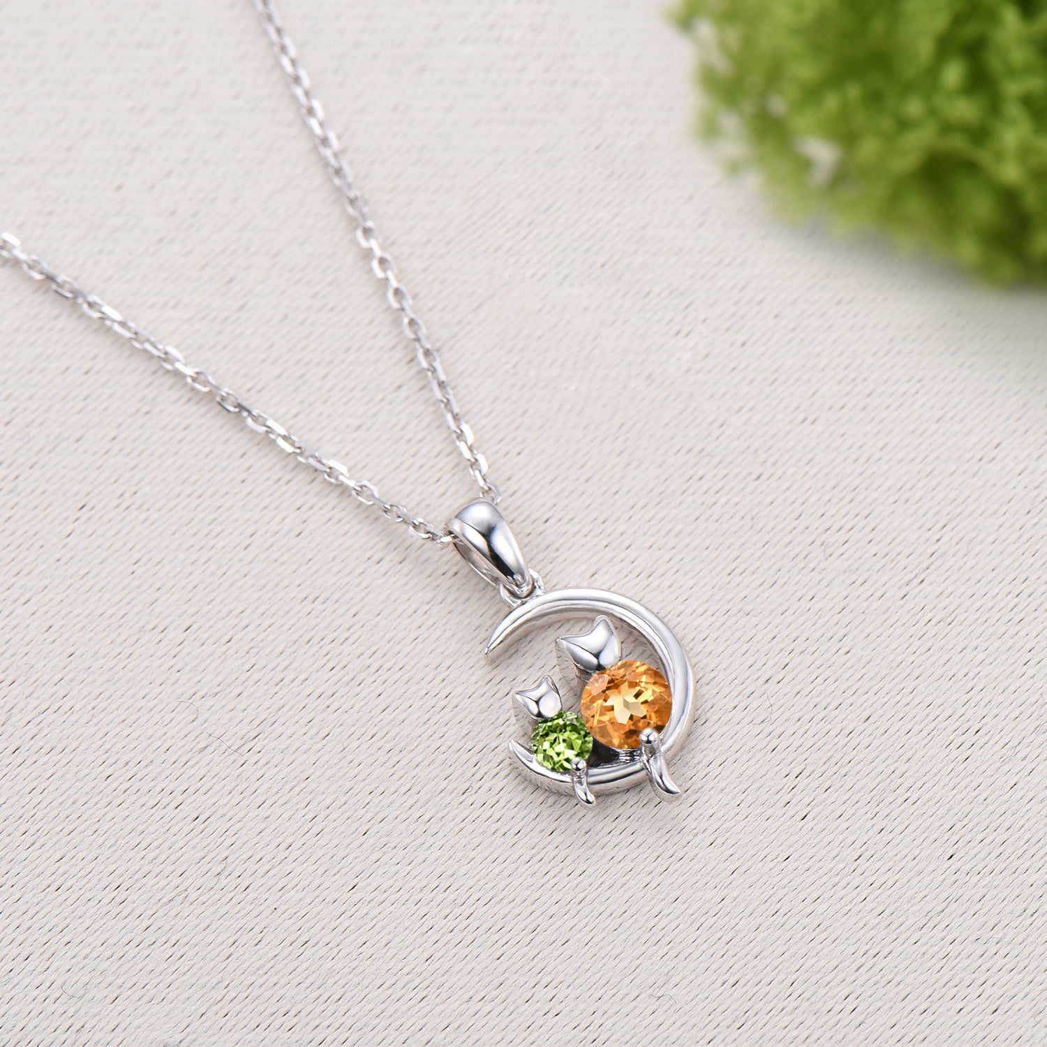 Art Deco cat citrine peridot necklace silver white gold moon family pendant anniversary promise gift for women