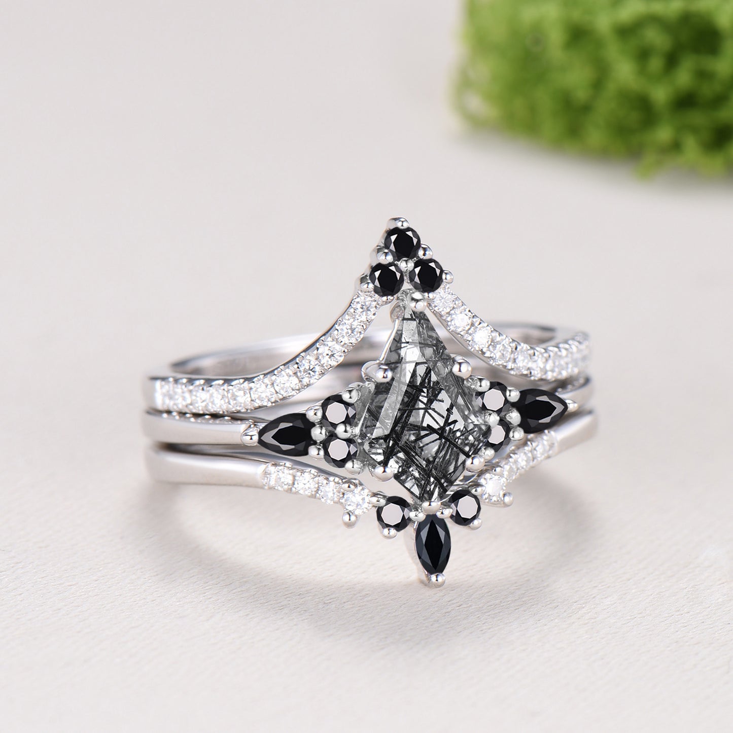 Vintage Kite Cut Black Rutilated Quartz Engagement Ring, 14K White Gold Pear Spinel Wedding Set