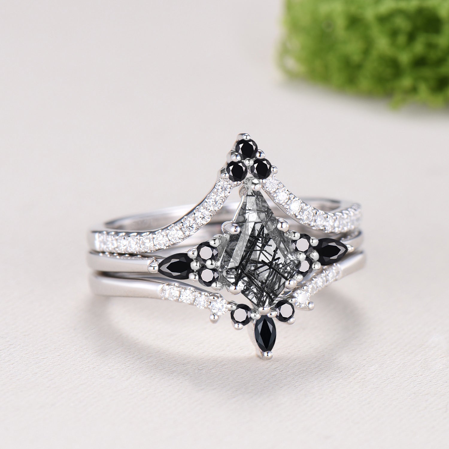 Vintage Kite Cut Black Rutilated Quartz Engagement Ring, 14K White Gold Pear Spinel Wedding Set