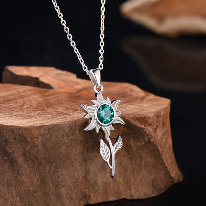 Art Deco Round Emerald Pendant Necklace Sunflower Pendant