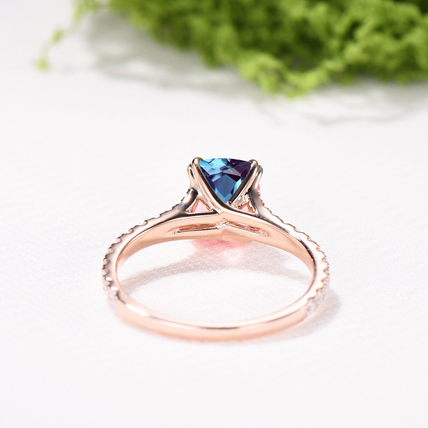 Cushion Cut Alexandrite Ring, Split Shank Pave Diamond, 14K Rose Gold Double Claw Promise Ring - PENFINE