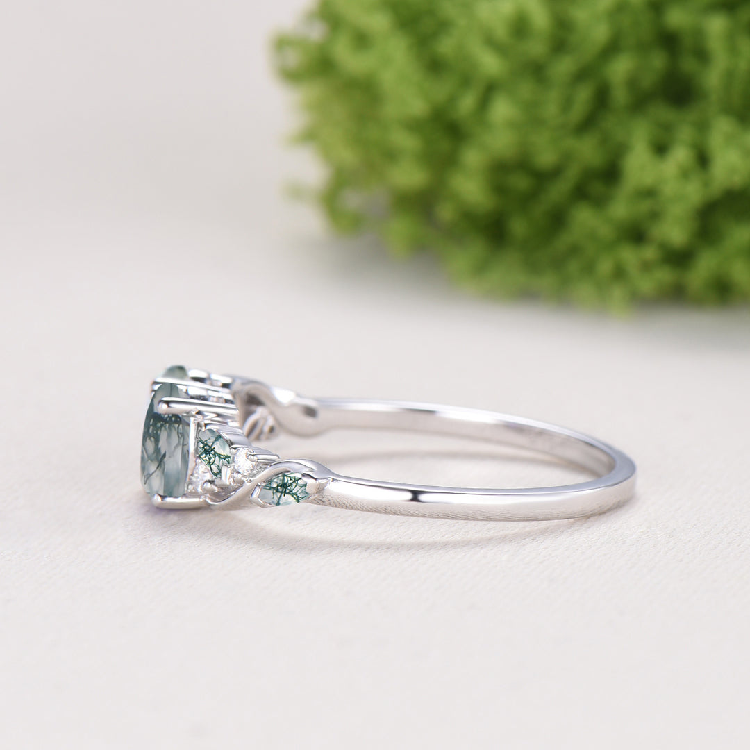 Natural Oval Cut Toi et Moi Moss Agate Engagement Ring | 14K White Gold Marquise Cut Vine Eternity Band - PENFINE