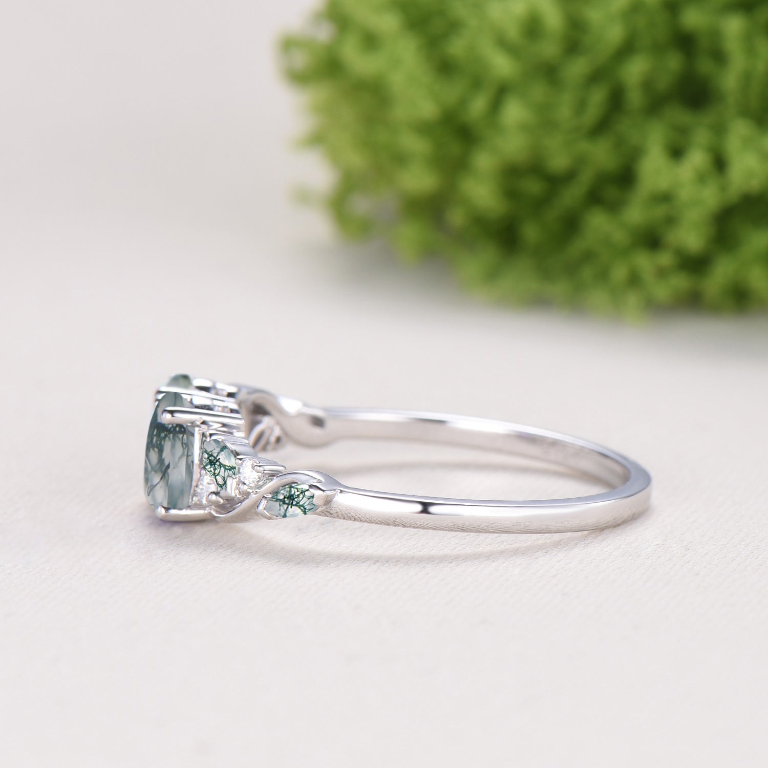 Natural Oval Cut Toi et Moi Moss Agate Engagement Ring | 14K White Gold Marquise Cut Vine Eternity Band - PENFINE