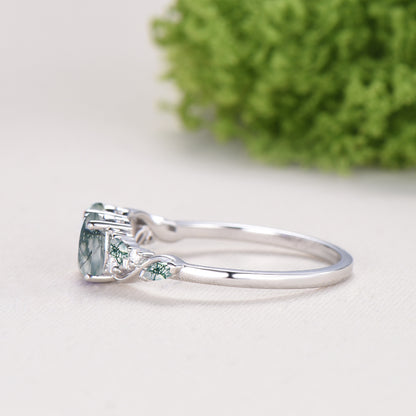 Natural Oval Cut Toi et Moi Moss Agate Engagement Ring | 14K White Gold Marquise Cut Vine Eternity Band - PENFINE