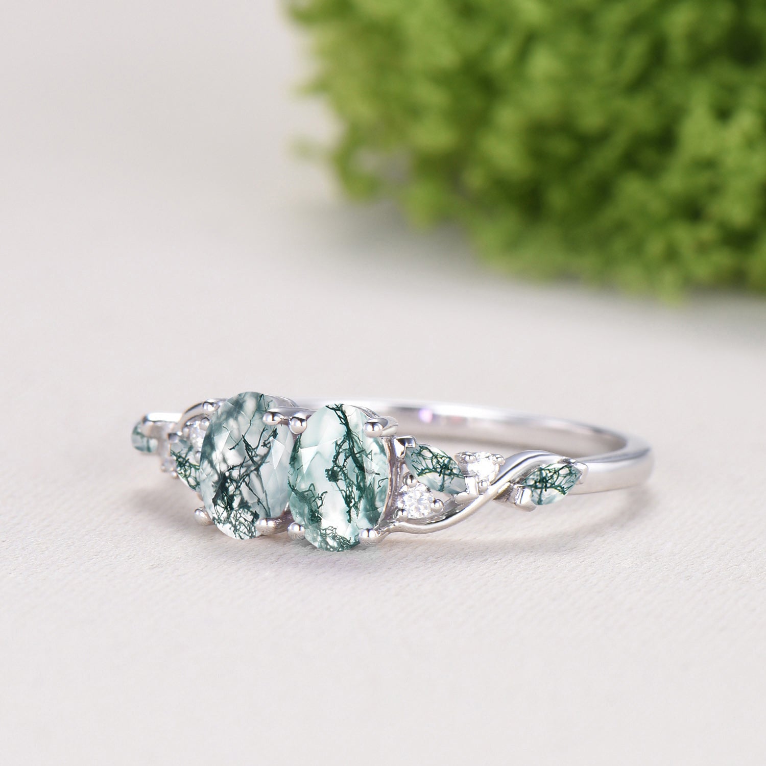 Natural Oval Cut Toi et Moi Moss Agate Engagement Ring | 14K White Gold Marquise Cut Vine Eternity Band - PENFINE
