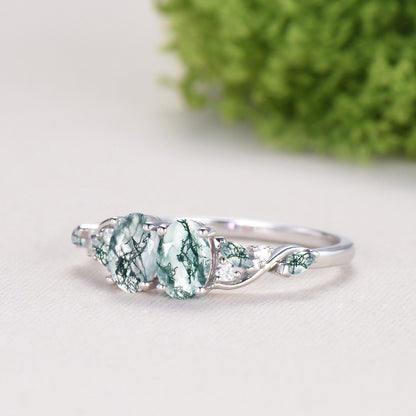 Natural Oval Cut Toi et Moi Moss Agate Engagement Ring | 14K White Gold Marquise Cut Vine Eternity Band - PENFINE