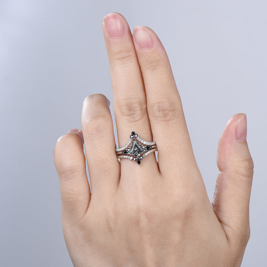 Vintage Kite Cut Black Rutilated Quartz Engagement Ring, 14K White Gold Pear Spinel Wedding Set