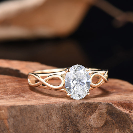 Oval Moissanite Engagement Ring, 14k Yellow Gold Infinite Love Band