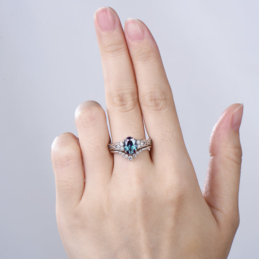 Celtic Love Alexandrite Engagement Ring Set 18K Yellow Gold Vintage Unique Color Change Cluster Diamond Art Deco Wedding Ring Set For Women - PENFINE