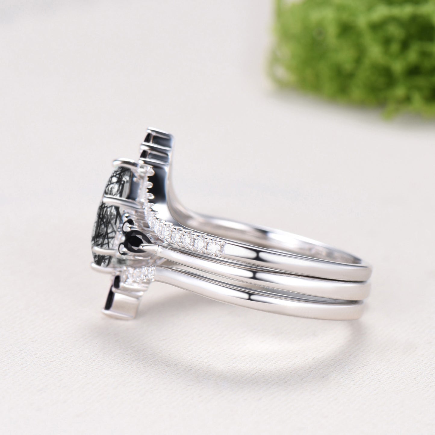 Vintage Kite Cut Black Rutilated Quartz Engagement Ring, 14K White Gold Pear Spinel Wedding Set