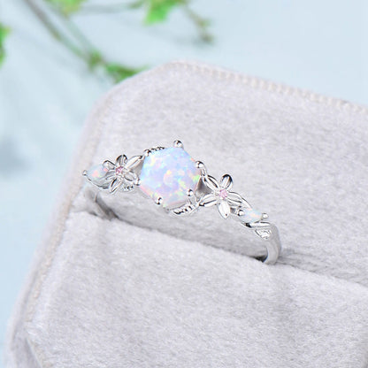 Flower Opal Ring Hexagon White Opal Engagement Vintage Unique Floral Wwedding Ring Leaves Nature Inspired Twist Pink Tourmaline Bridal Ring - PENFINE