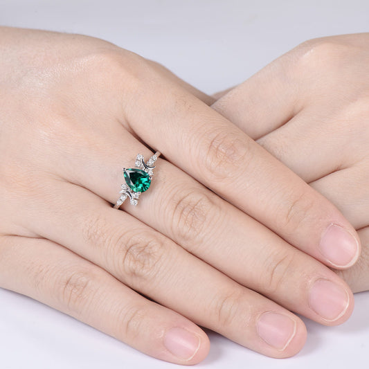 Vintage emerald engagement ring crescent moon pear shaped green gemstone promise ring Unique cluster moissanite anniversary gift for Women