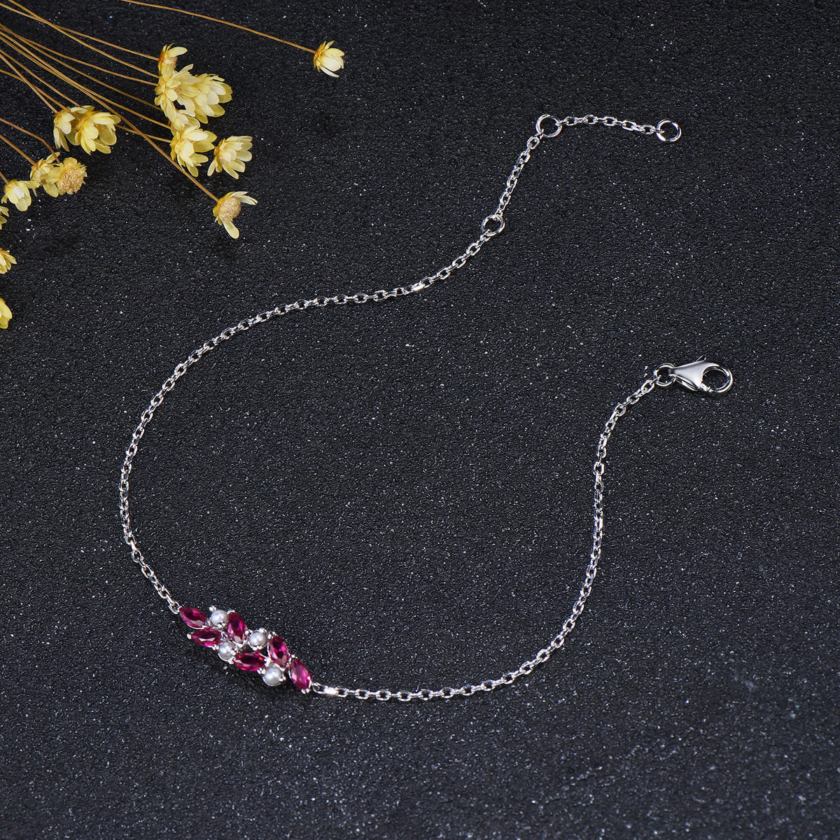 Vintage Marquise Ruby and Pearl Bracelet, Silver Cluster Wedding Bracelet Anniversary Gift for Wife