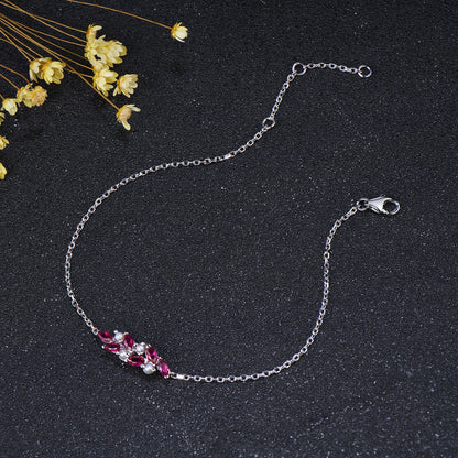 Vintage Marquise Ruby and Pearl Bracelet, Silver Cluster Wedding Bracelet Anniversary Gift for Wife