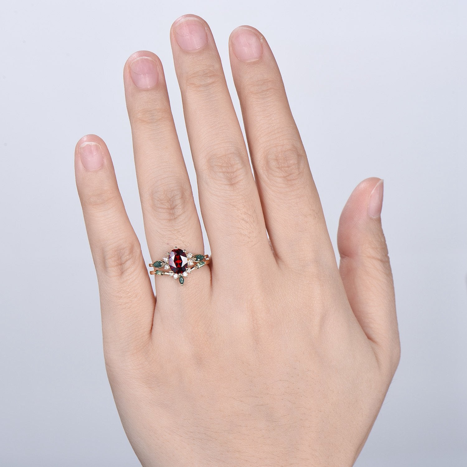 Vintage Oval Garnet Engagement Ring Set, Accent Marquise Moss Agate Yellow Gold Bridal Ring - PENFINE