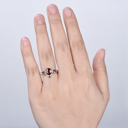Vintage Oval Garnet Engagement Ring Set, Accent Marquise Moss Agate Yellow Gold Bridal Ring - PENFINE