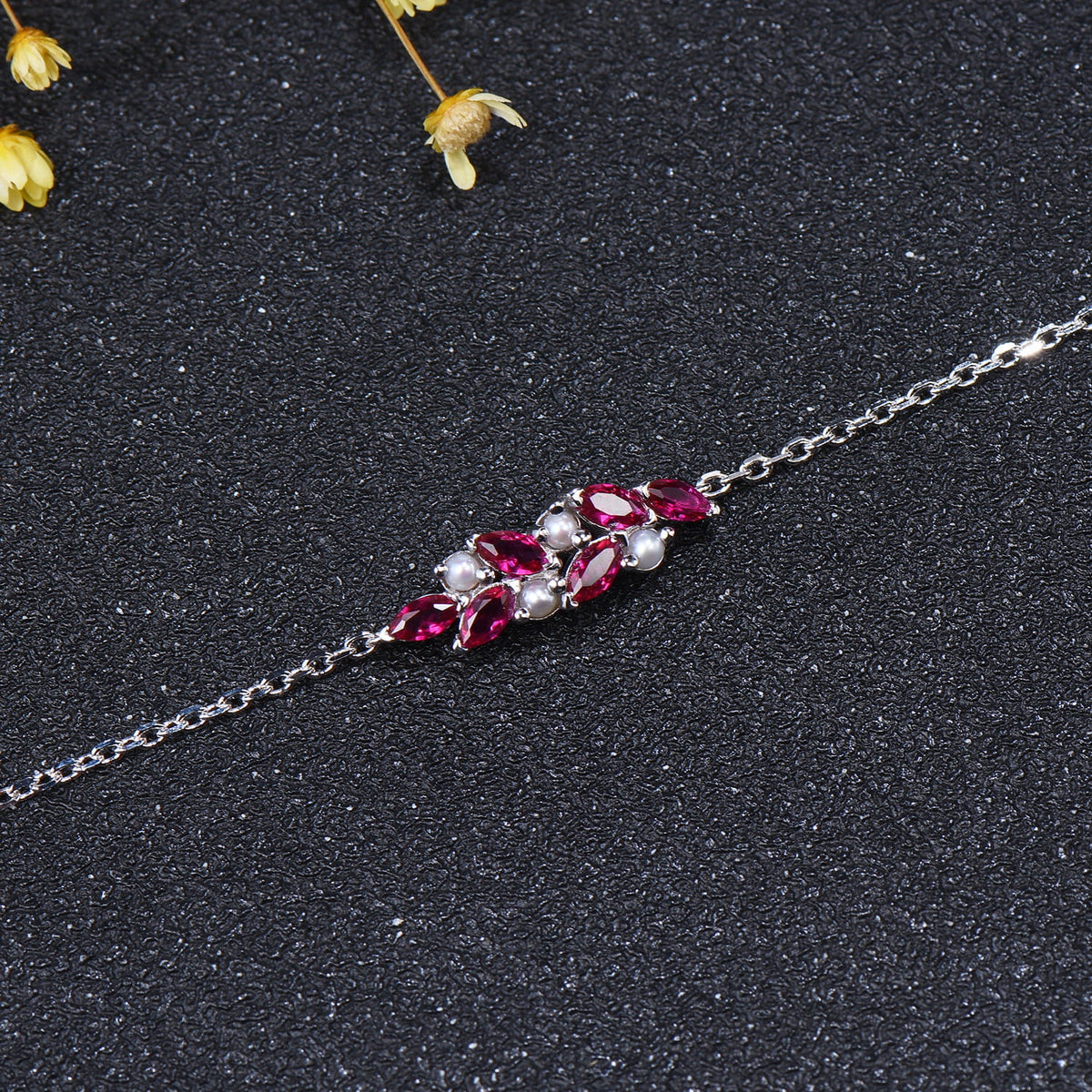Vintage Marquise Ruby and Pearl Bracelet, Silver Cluster Wedding Bracelet Anniversary Gift for Wife