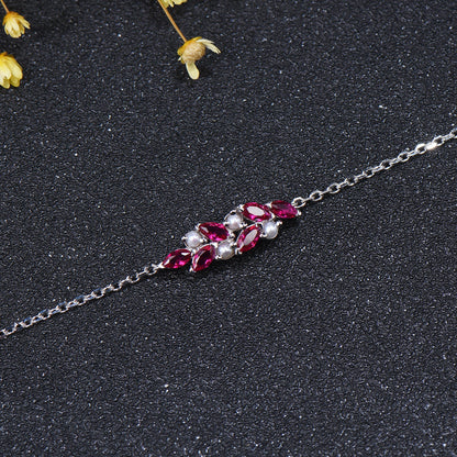 Vintage Marquise Ruby and Pearl Bracelet, Silver Cluster Wedding Bracelet Anniversary Gift for Wife