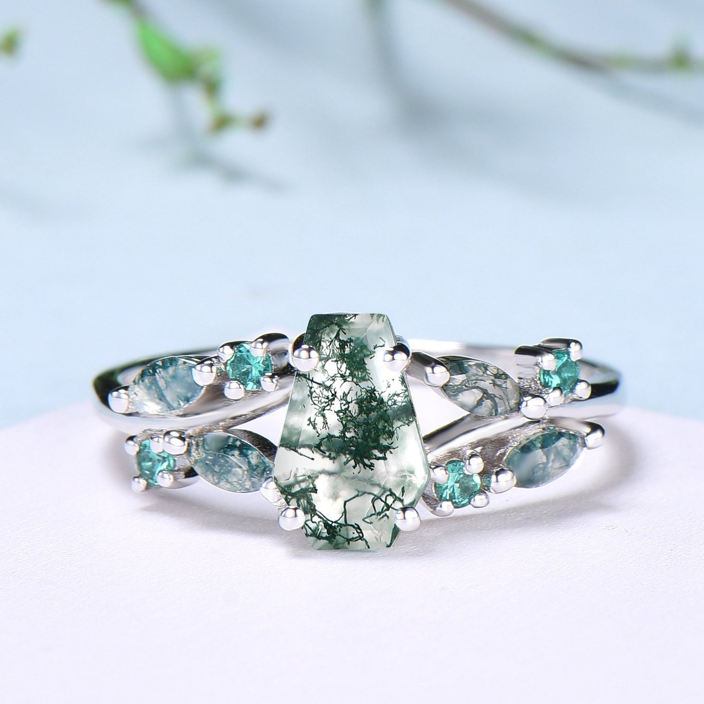Unique Coffin Cut Moss Agate Ring Split Shank Engagement Ring Cluster Emerald Agate Wedding Ring MARRIED TILL BURIED Green Promise Ring Gift - PENFINE