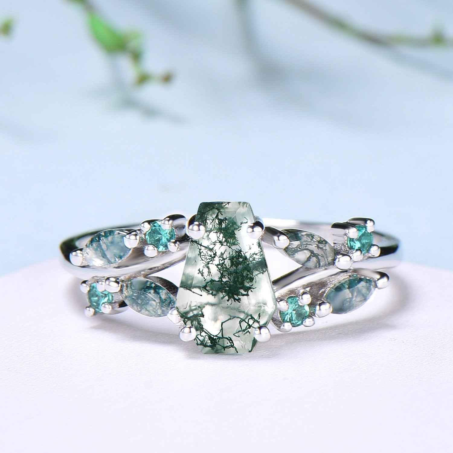 Unique Coffin Cut Moss Agate Ring Split Shank Engagement Ring Cluster Emerald Agate Wedding Ring MARRIED TILL BURIED Green Promise Ring Gift - PENFINE