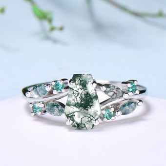 Unique Coffin Cut Moss Agate Ring Split Shank Engagement Ring Cluster Emerald Agate Wedding Ring MARRIED TILL BURIED Green Promise Ring Gift - PENFINE