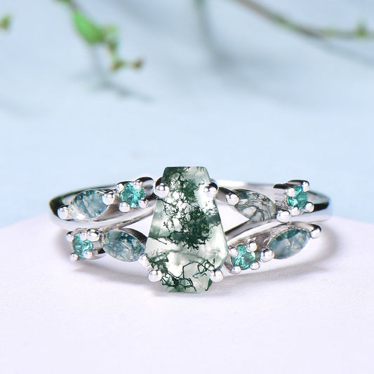 Unique Coffin Cut Moss Agate Ring Split Shank Engagement Ring Cluster Emerald Agate Wedding Ring MARRIED TILL BURIED Green Promise Ring Gift - PENFINE