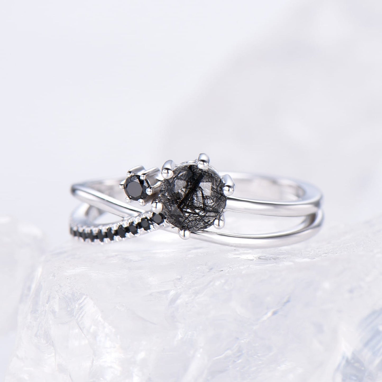 Vintage unique black rutilated quartz engagement ring Twisted black crystal gold wedding ring women spinel bridal ring anniversary gift - PENFINE