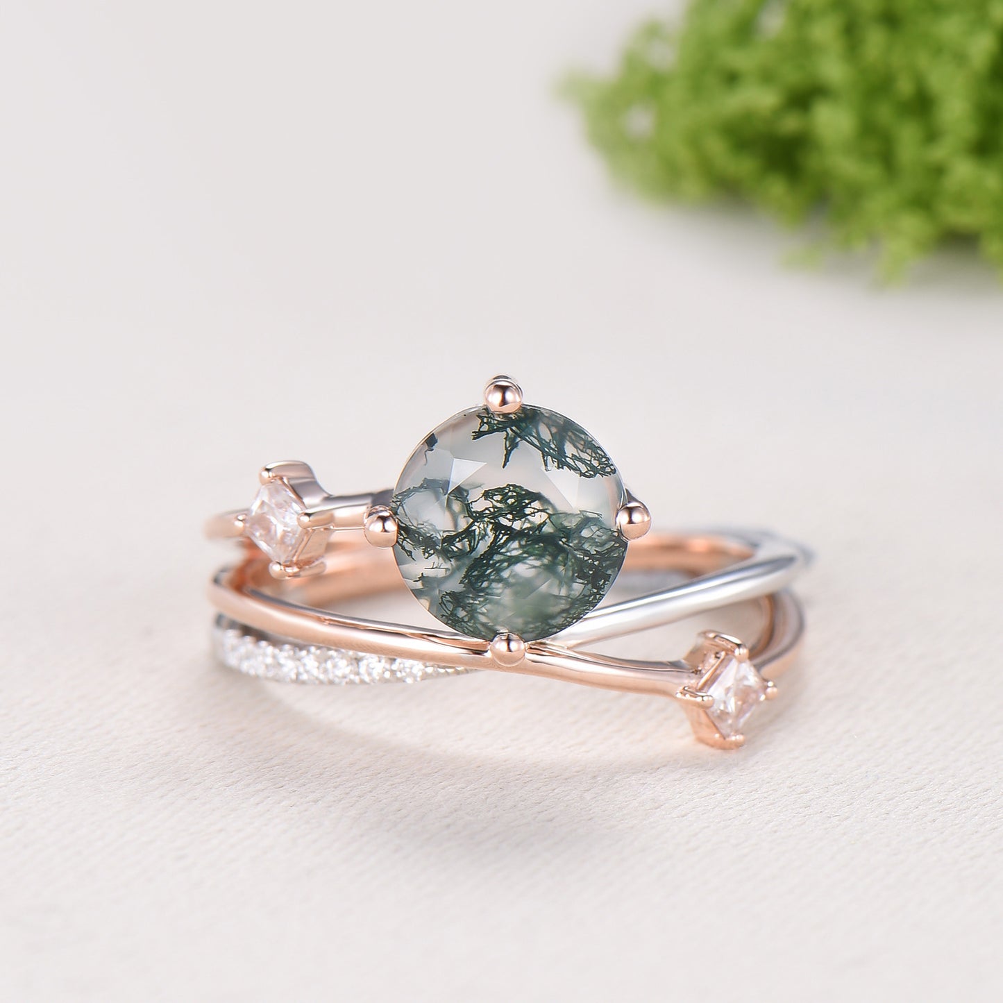 Unique Two Tone Rose White Gold Moss Agate Ring, 7mm Round Agate Split Shank Engagement Ring Twisted Diamond Band Unique Anniversary Gift