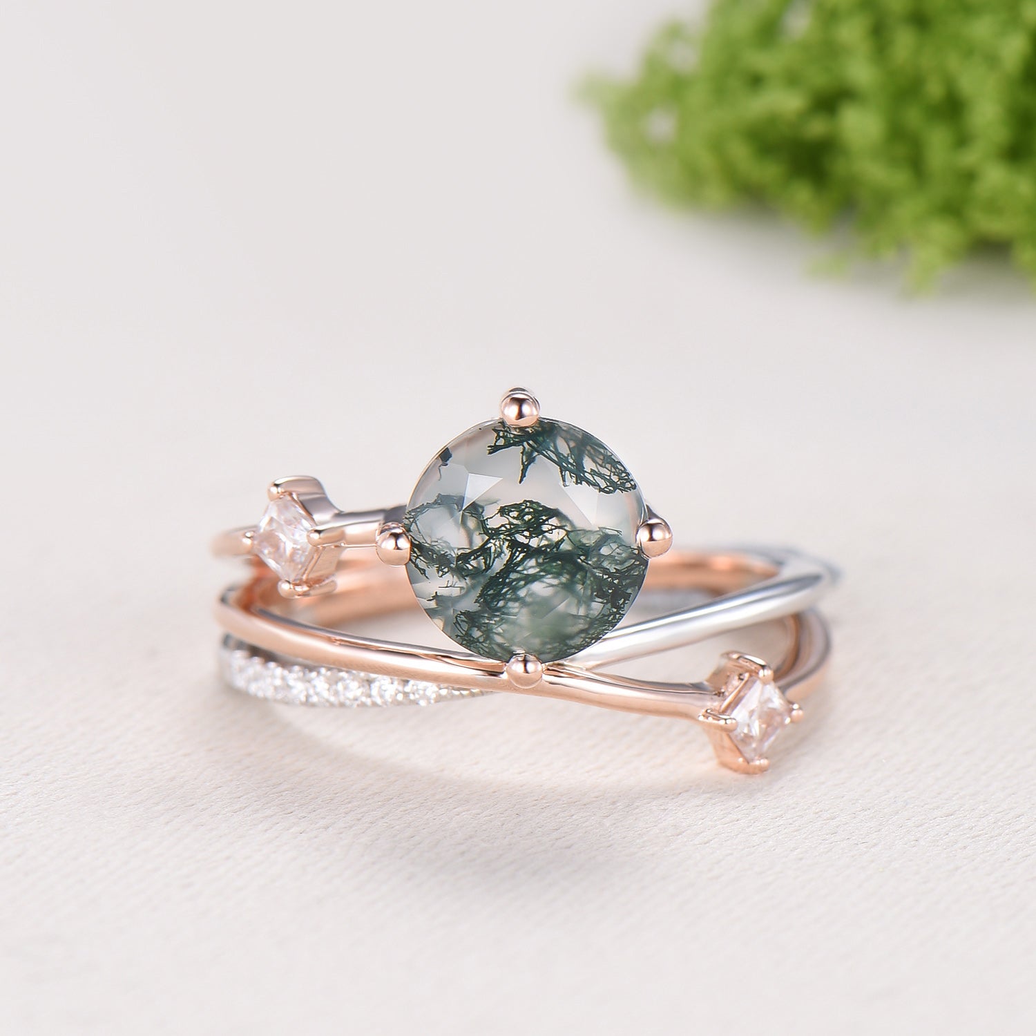 Unique Two Tone Rose White Gold Moss Agate Ring, 7mm Round Agate Split Shank Engagement Ring Twisted Diamond Band Unique Anniversary Gift