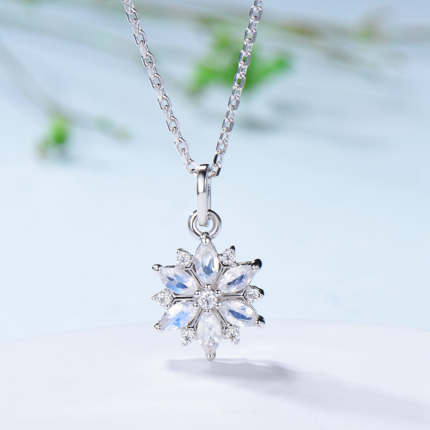 Vintage Snowflake Moonstone Pendant Necklace Unique Retro Marquise Moonstone  Necklace Floral Flower Pendant June Birthstone  Christmas gift - PENFINE